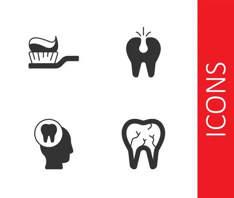 Set Broken tooth, Toothbrush with toothpaste, Toothache and icon. Vector Stockillustratie