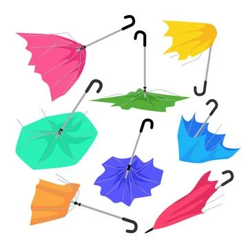 Set of broken umbrella set collection, colorful torn umbrella fabric cartoo.. Stock Illustration