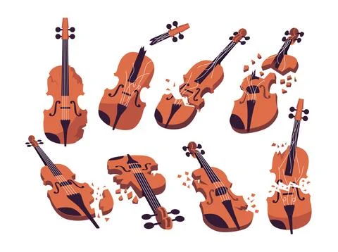 Set of broken violin set collection with broken strings, Restringing the vi.. Stock Illustration