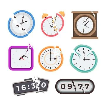 Set of broken wall clock set collection, Broken alarm clock with cracks and.. Illustrazione stock