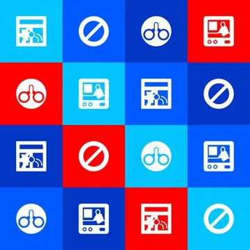 Set Broken window, Ban, Handcuffs and Television report icon. Vector Stock Illustration