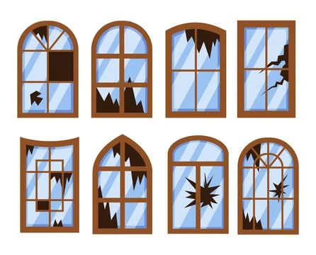 Set of broken window collection, Cracked glass, broken pane shattered textu.. Ilustración de archivo