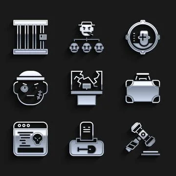Set Broken window, Grave with tombstone, Judge gavel, Briefcase and money, .. Stock Illustration
