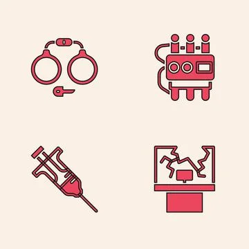 Set Broken window, Handcuffs, Dynamite timer clock and Syringe icon. Vector Stock Illustration
