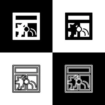 Set Broken window icon isolated on black and white background. Damaged window Ilustración de archivo