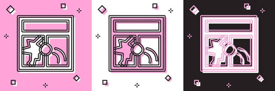 Set Broken window icon isolated on pink and white, black background. Damaged  Ilustración de archivo