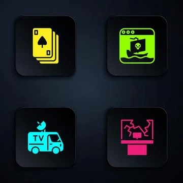 Set Broken window, Playing cards, TV News and Internet piracy. Black square Stock Illustration
