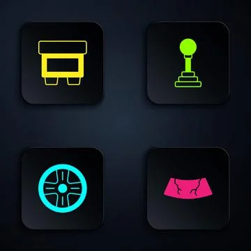 Set Broken windshield, Fuse, Alloy wheel and Gear shifter. Black square button Stock Illustration