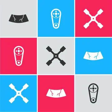 Set Broken windshield, Timing belt kit and Wheel wrench icon. Vector Stock Illustration