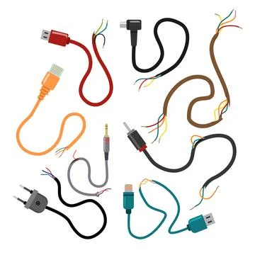 Set of broken wire set collection, Damaged electronic cables. Danger with v.. Stock Illustration