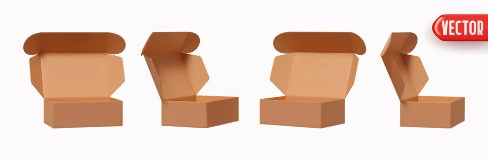 Set of brown cardboard open boxes realistic 3d design isolated on white bac.. Illustrazione stock