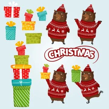 Set of brown cartoon bears in different poses. Happy forest animals on snow Stock Illustration