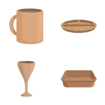 Set of brown ceramic tableware isolated on white Stock Illustration