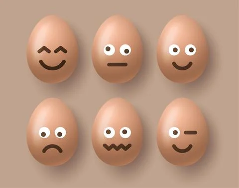 Set of brown easter eggs with emojis. Realistic 3d vector egg character set Stock Illustration