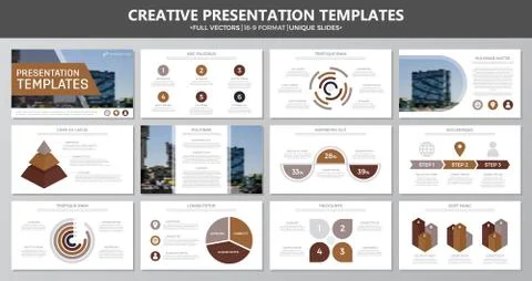 Set of brown elements for multipurpose presentation template slides with graphs 库存插图