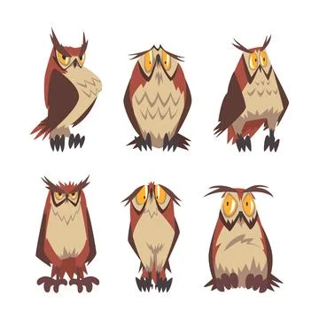 Set of brown owl characters with funny face expression cartoon vector 스톡 일러스트