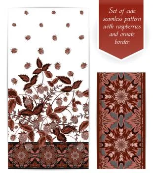 Set of brown raspberries seamless vertical floral design and ornate border. The Illustrazione stock