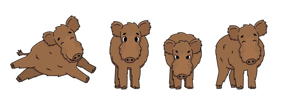 Set of brown vector outline cute cartoon boar in different poses. Fluffy anim Stock Illustration