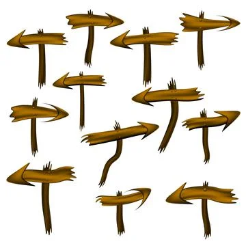 Set of brown wooden arrows pointers on curved posts isolated on white. Stock Illustration
