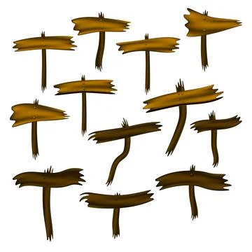 Set of brown wooden plank pointers on curved posts isolated on white. Stock Illustration