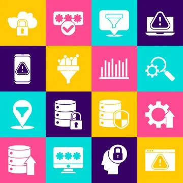 Set Browser with exclamation mark, Arrow growth gear, Magnifying glass and Stock Illustration