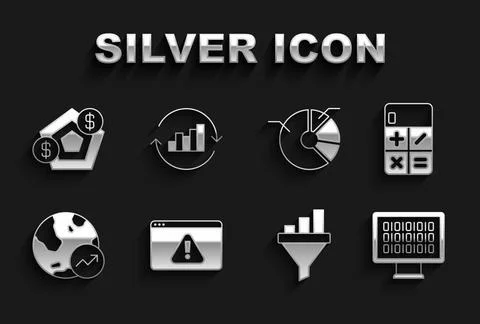 Set Browser with exclamation mark, Calculator, Binary code, Sales funnel chart Illustrazione stock