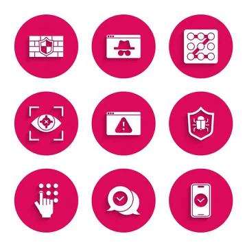 Set Browser with exclamation mark, Check in speech bubble, Smartphone, System Illustrazione stock