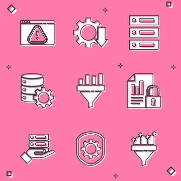 Set Browser with exclamation mark, Cost reduction, Server, Data, Web Hosting Illustrazione stock