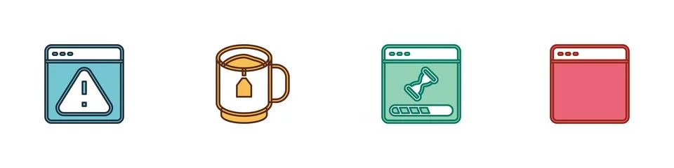 Set Browser with exclamation mark, Cup of tea tea bag, Loading data window .. Illustrazione stock