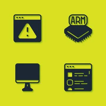 Set Browser with exclamation mark, files, Computer monitor screen and Process Illustrazione stock