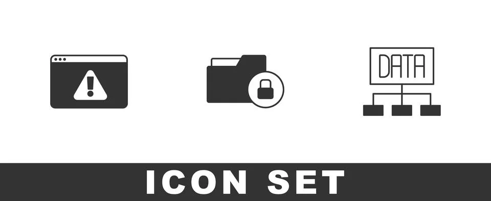 Set Browser with exclamation mark, Folder and lock and Data analysis icon Stock Illustration