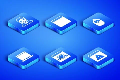 Set Browser with exclamation mark, Hacker or coder, shield, Laptop, window and 스톡 일러스트