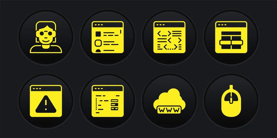 Set Browser with exclamation mark, MySQL code, Software, Web development, files Stock Illustration