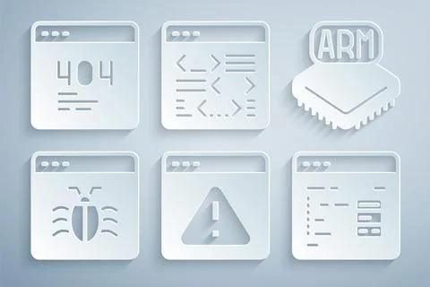 Set Browser with exclamation mark, Processor, System bug, Software, and Page 404 Stock Illustration