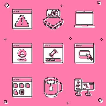 Set Browser with exclamation mark, Processor microcircuits CPU, Laptop, Create Illustrazione stock