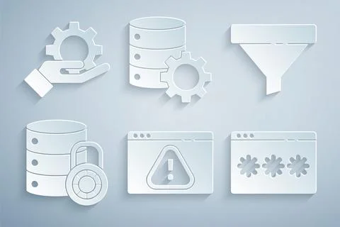 Set Browser with exclamation mark, Sales funnel, Server security lock, Password Stock Illustration
