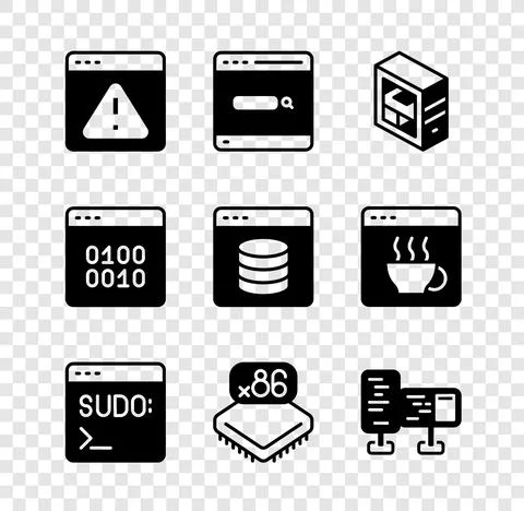 Set Browser with exclamation mark, Search engine, Computer, Code terminal Stock Illustration