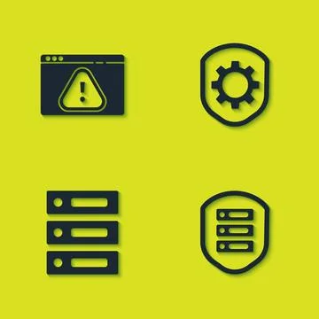 Set Browser with exclamation mark, Server shield, Server, Data, Web Hosting a Illustrazione stock