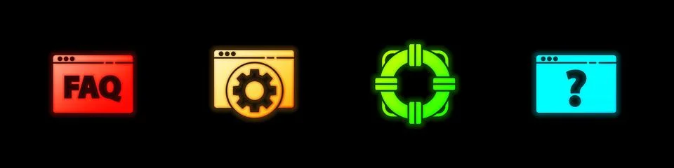 Set Browser FAQ, setting, Lifebuoy and with question mark icon. Vector Ilustración de archivo