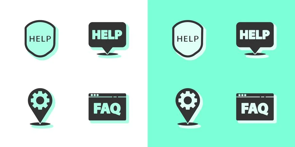 Set Browser FAQ, Shield with text Help, Location gear and Speech bubble icon Stock Illustration