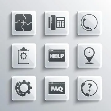 Set Browser FAQ, Telephone 24 hours support, Location with clock, help Stock Illustration