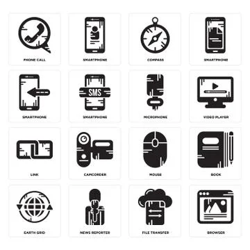 Set of Browser, File transfer, Earth grid, Mouse, Link, Microphone, Smartphon Illustrazione stock gratuita