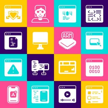 Set Browser files, Binary code, Page with 404 error, Computer monitor screen 스톡 일러스트
