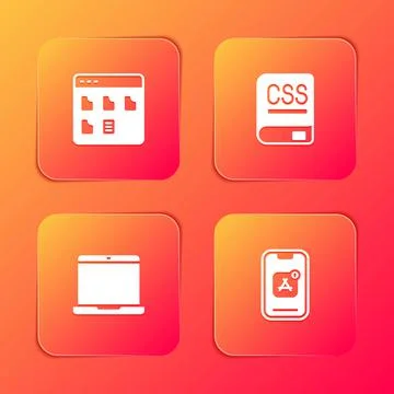 Set Browser files, Books about programming, Laptop and Mobile Apps icon. Vector Illustrazione stock