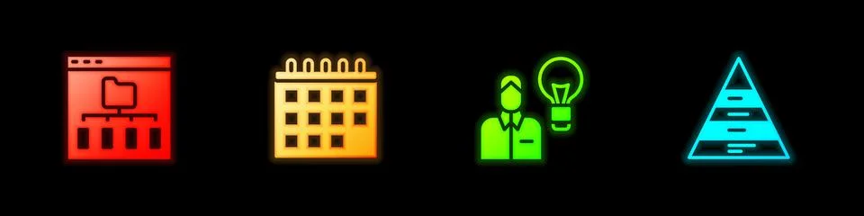 Set Browser files, Calendar, Human with lamp bulb and Pyramid chart infographics 스톡 일러스트