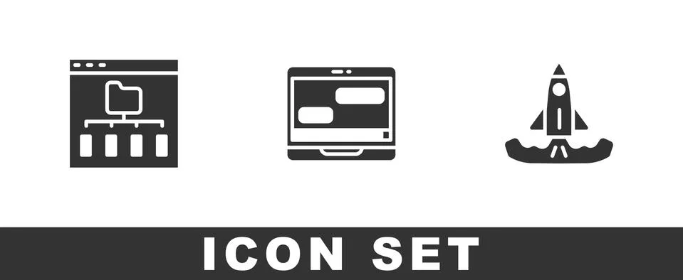 Set Browser files, Chat messages on laptop and Rocket icon. Vector 스톡 일러스트