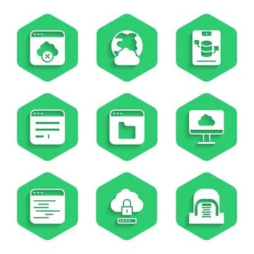 Set Browser files, Cloud computing lock, Hangar with servers, technology data Stock-Illustration