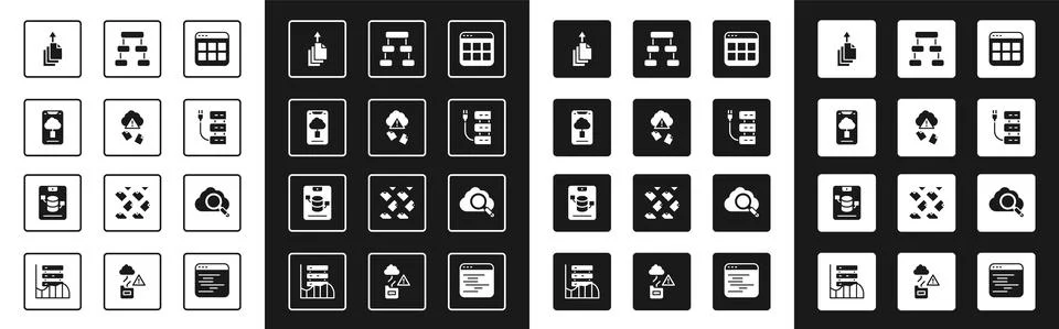 Set Browser files, Cloud hacking, technology data transfer, Data export, Server Stock Illustration