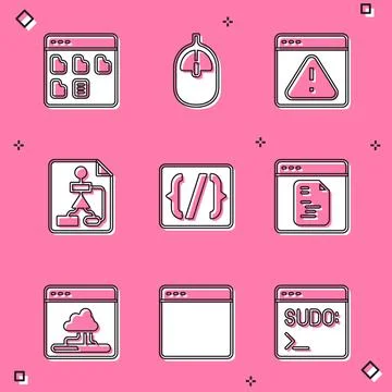 Set Browser files, Computer mouse, with exclamation mark, Flowchart, Programming Illustrazione stock