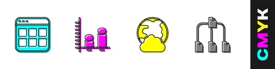 Set Browser files, Data analysis, Social network and Folder tree icon. Vector Stock Illustration